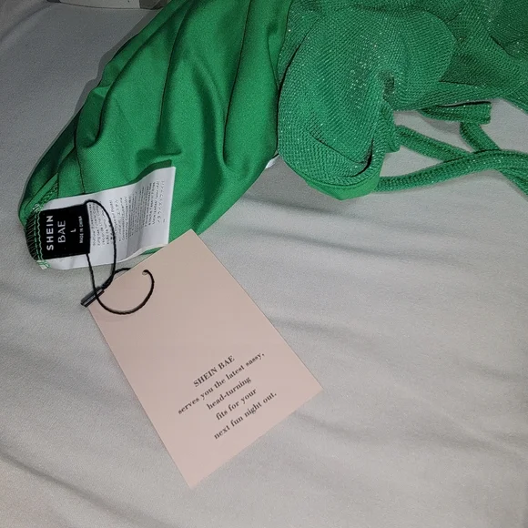shein.Bae.Elegant Green Open Back Drawstring Shoulder Sparkly Dress Size L - Picture 3 of 12